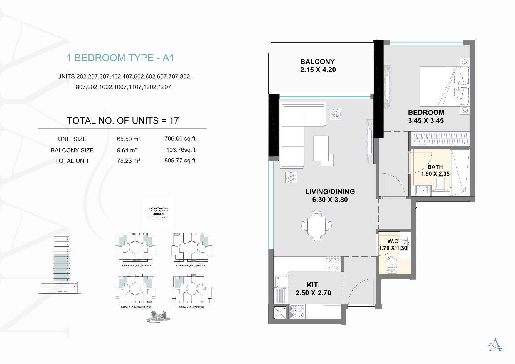 1 Bedroom Type A-1 Floor Plan - 810 sqft