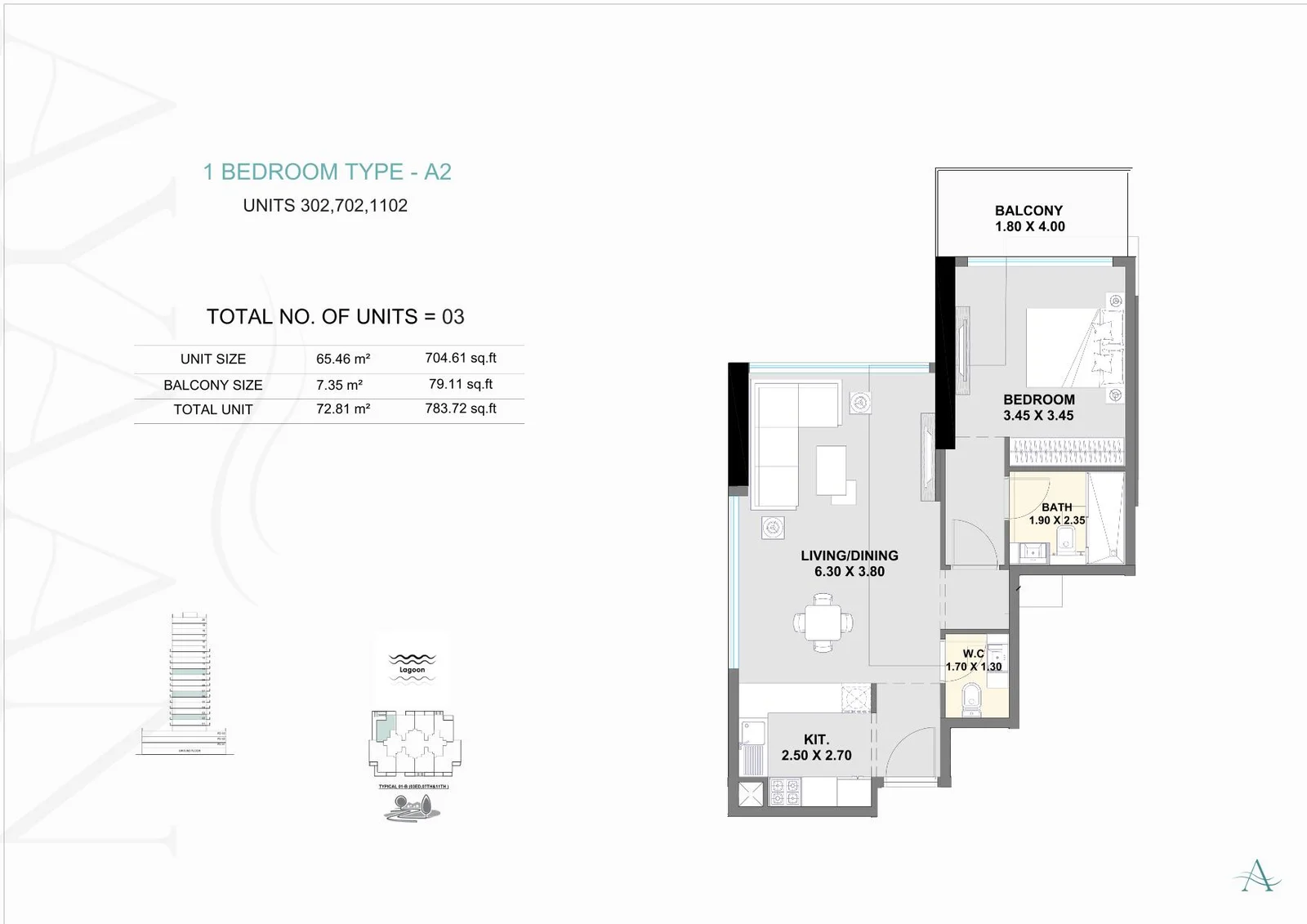 1 Bedroom Type A-2 Floor Plan - 784 sqft