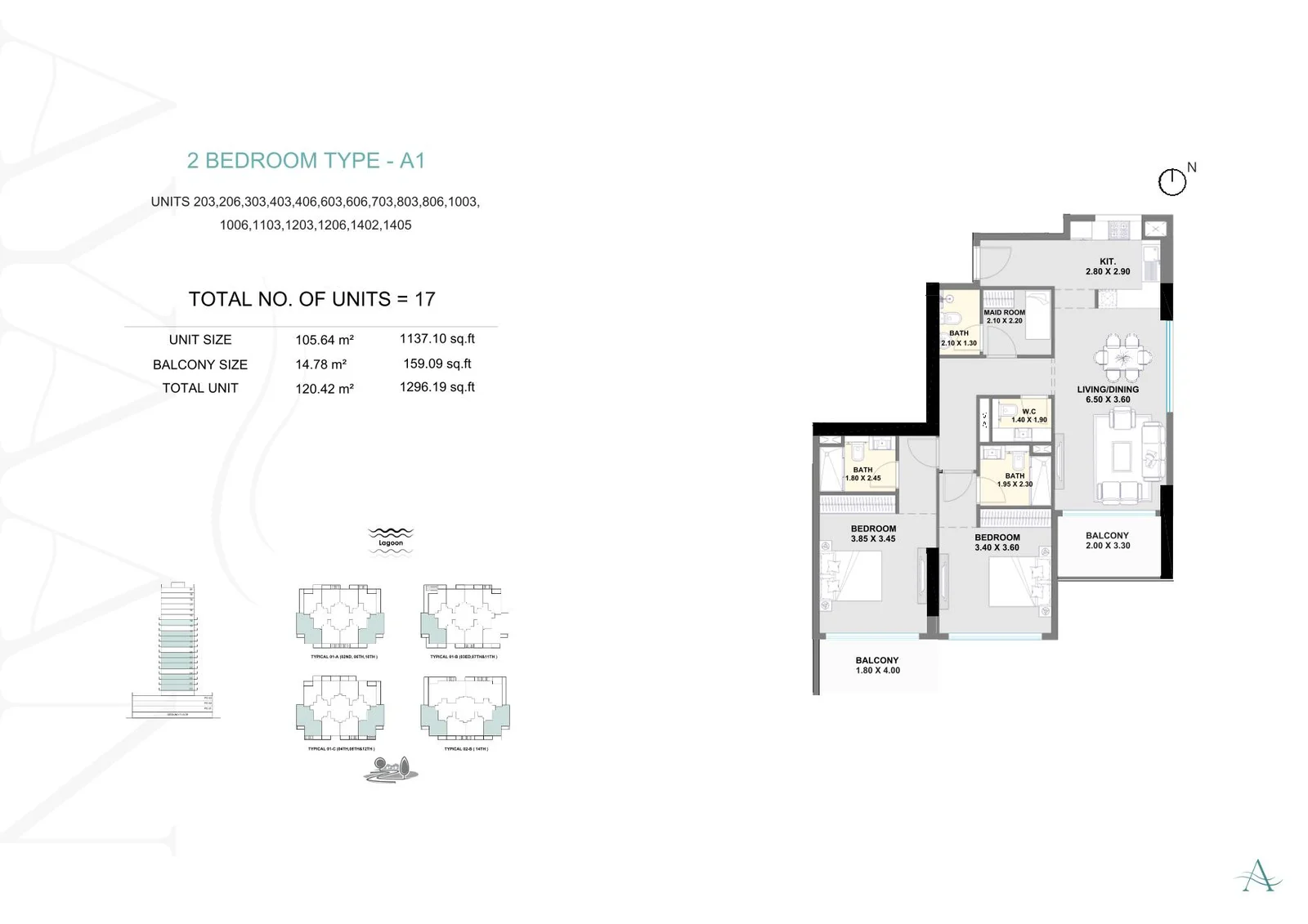 2 Bedroom Type A-1 Floor Plan - 1,296 sqft