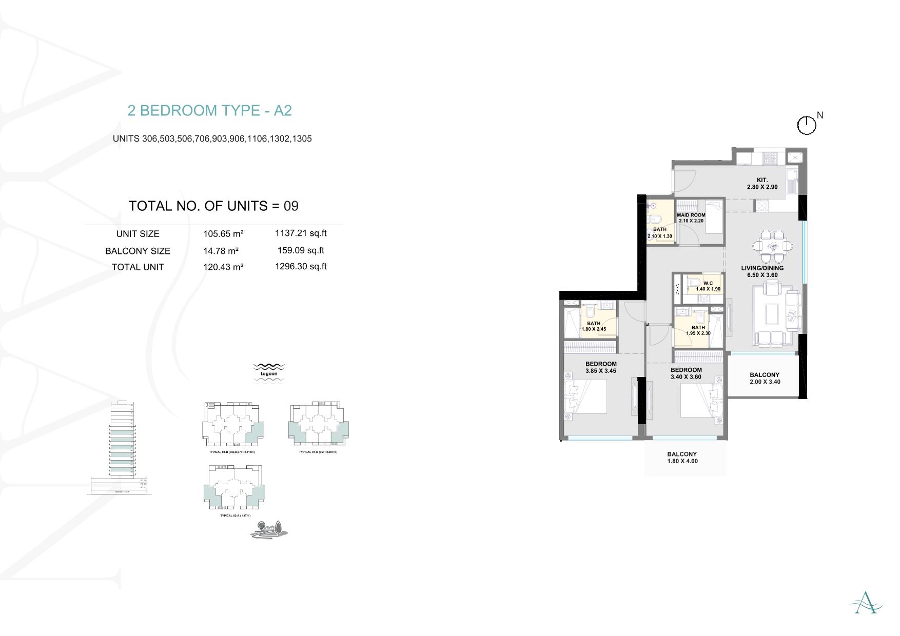 2 Bedroom Type A-2 Floor Plan - 1,296 sqft