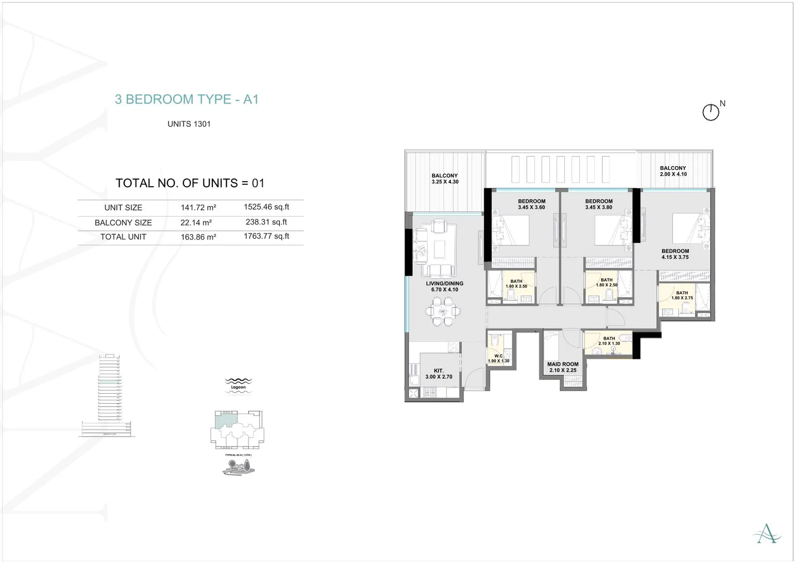 3 Bedroom Type A-1 Floor Plan - 1,764 sqft