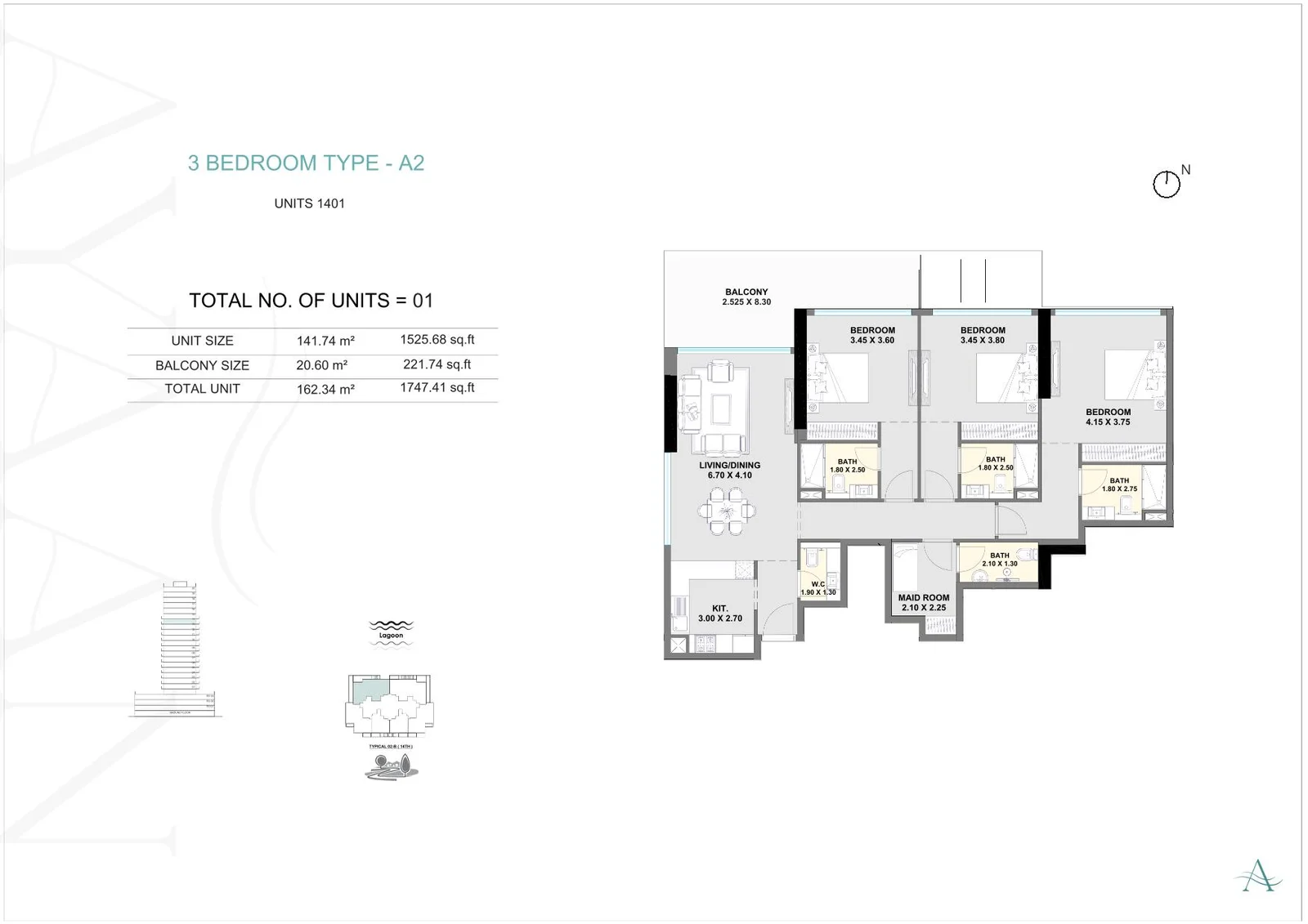 3 Bedroom Type A-2 Floor Plan - 1,747 sqft